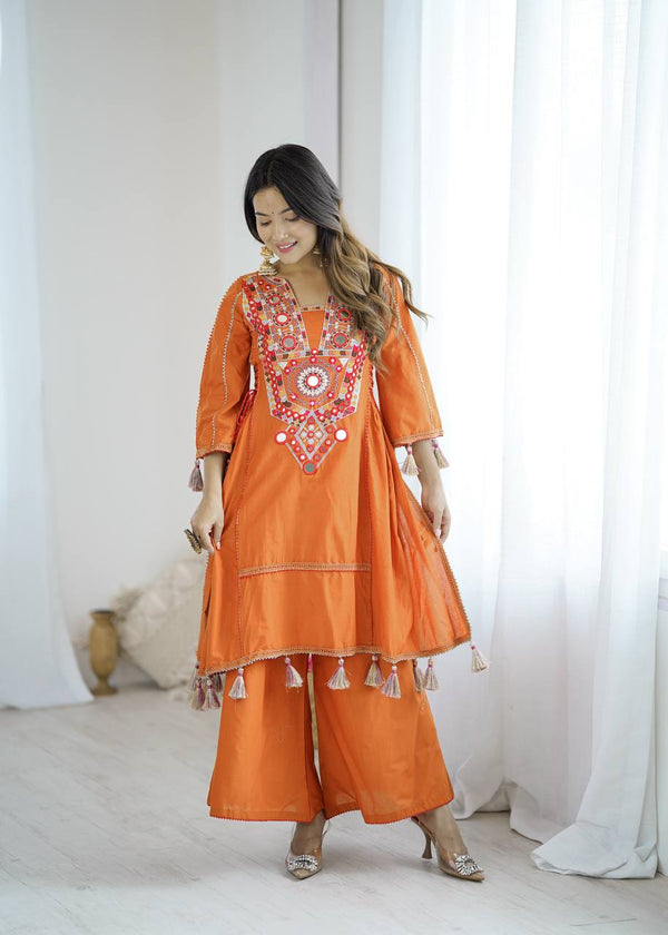 Prazu Fashion Orange Khadi Cotton Embroidered Mirror Work Palazzo Suit