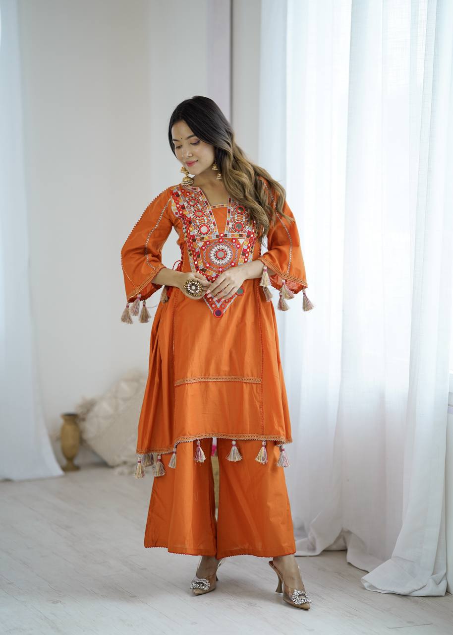 Prazu Fashion Orange Khadi Cotton Embroidered Mirror Work Palazzo Suit