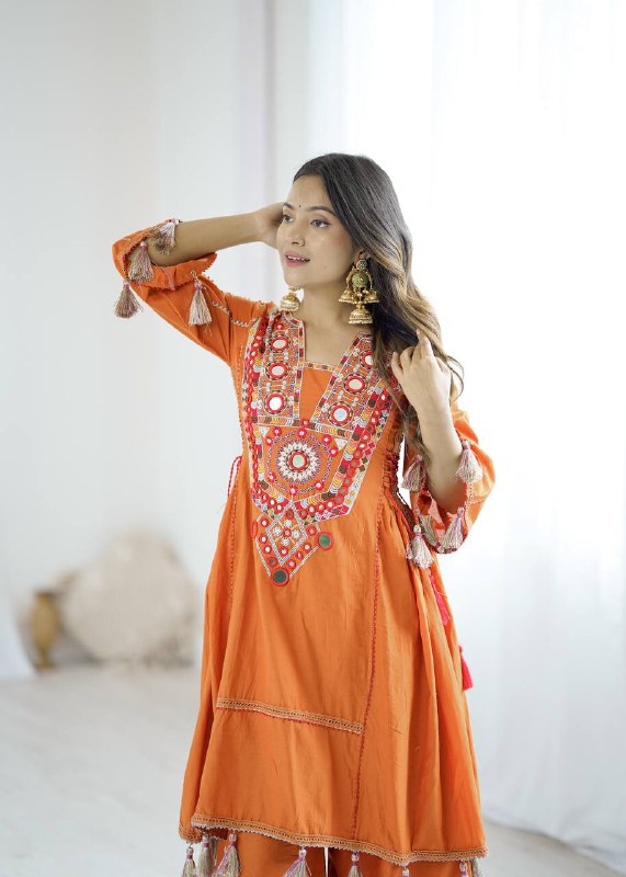 Prazu Fashion Orange Khadi Cotton Embroidered Mirror Work Palazzo Suit