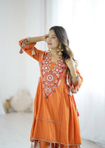 Thumbnail for Prazu Fashion Orange Khadi Cotton Embroidered Mirror Work Palazzo Suit