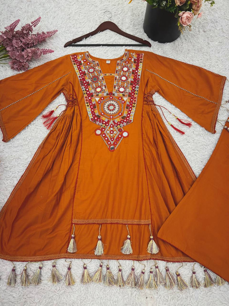 Prazu Fashion Orange Khadi Cotton Embroidered Mirror Work Palazzo Suit