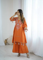 Thumbnail for Prazu Fashion Orange Khadi Cotton Embroidered Mirror Work Palazzo Suit