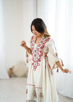 Thumbnail for Prazu Fashion White Khadi Cotton Embroidered Mirror Work Palazzo Suit