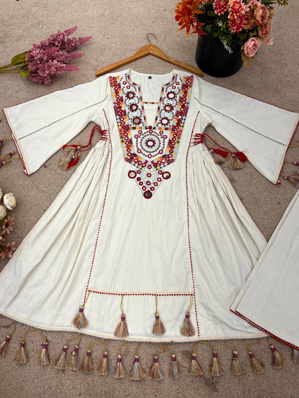 Prazu Fashion White Khadi Cotton Embroidered Mirror Work Palazzo Suit