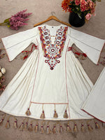 Thumbnail for Prazu Fashion White Khadi Cotton Embroidered Mirror Work Palazzo Suit