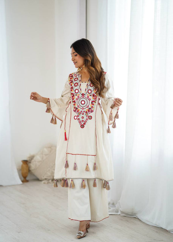 Prazu Fashion White Khadi Cotton Embroidered Mirror Work Palazzo Suit