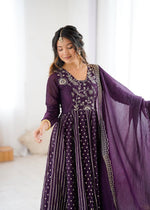 Thumbnail for Prazu Fashion Dark Purple Crunchy Silk Embroidered Sequence Anarkali Gown