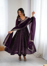 Thumbnail for Prazu Fashion Dark Purple Crunchy Silk Embroidered Sequence Anarkali Gown