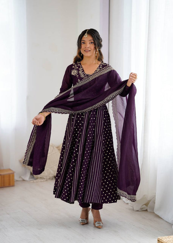 Prazu Fashion Dark Purple Crunchy Silk Embroidered Sequence Anarkali Gown