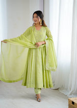 Thumbnail for Prazu Fashion Lime Green Crunchy Silk Embroidered Sequence Anarkali Gown