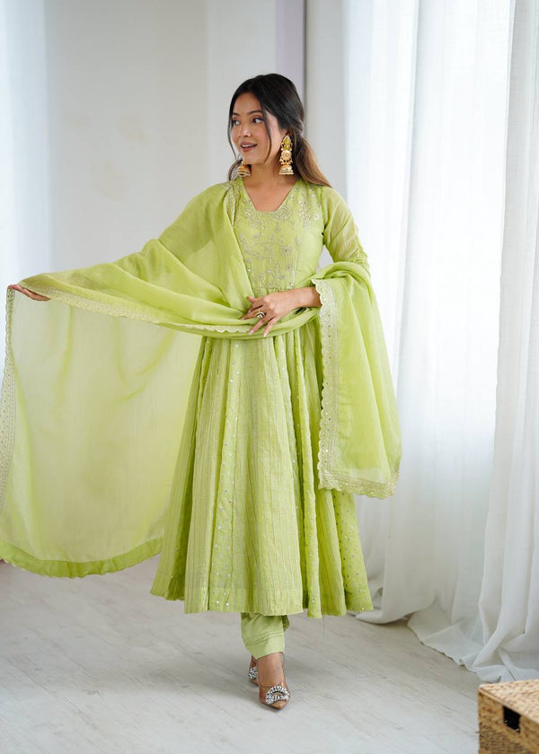 Prazu Fashion Lime Green Crunchy Silk Embroidered Sequence Anarkali Gown