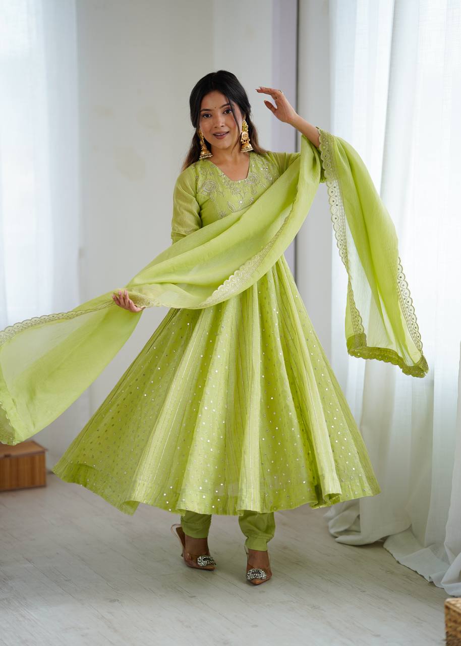 Prazu Fashion Lime Green Crunchy Silk Embroidered Sequence Anarkali Gown