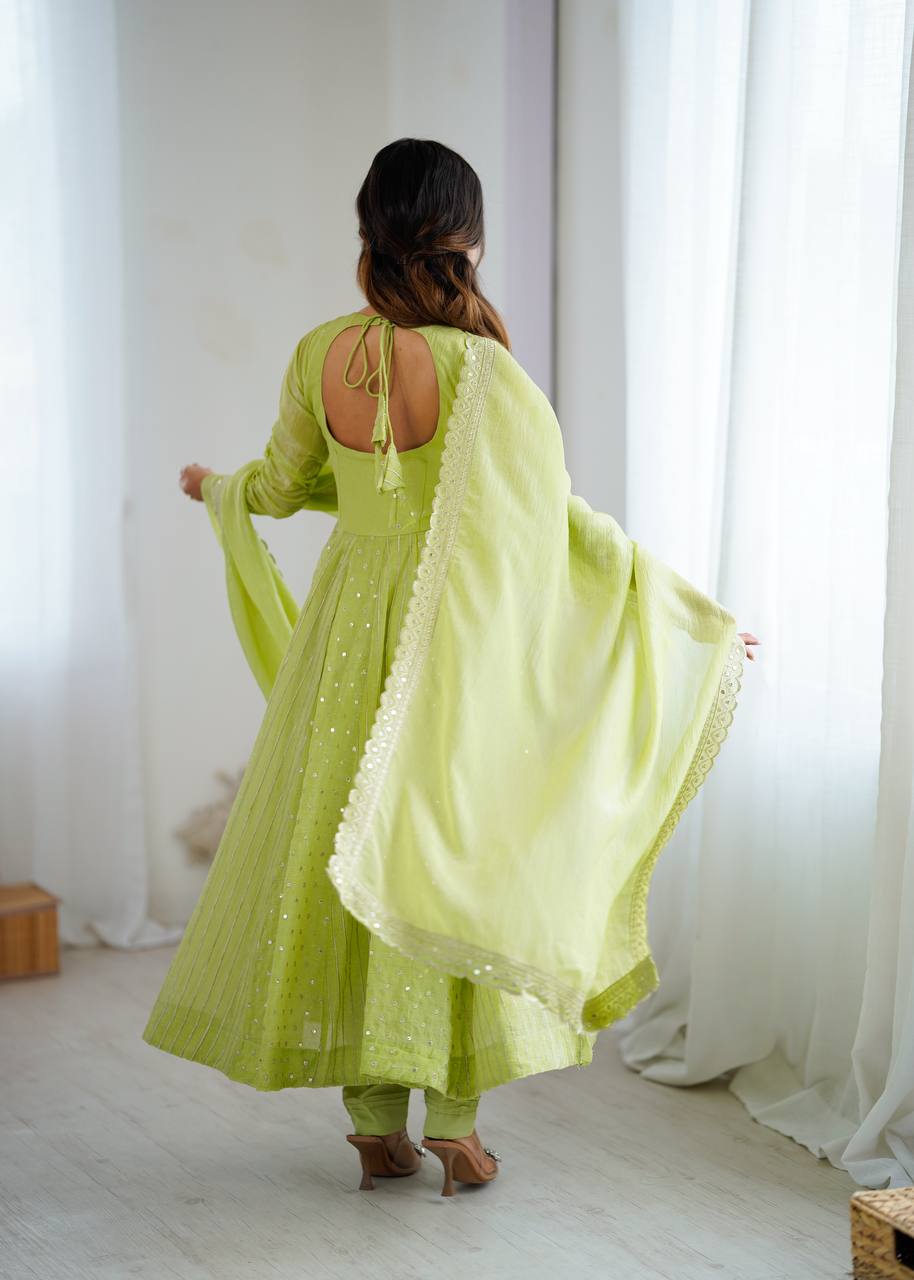 Prazu Fashion Lime Green Crunchy Silk Embroidered Sequence Anarkali Gown