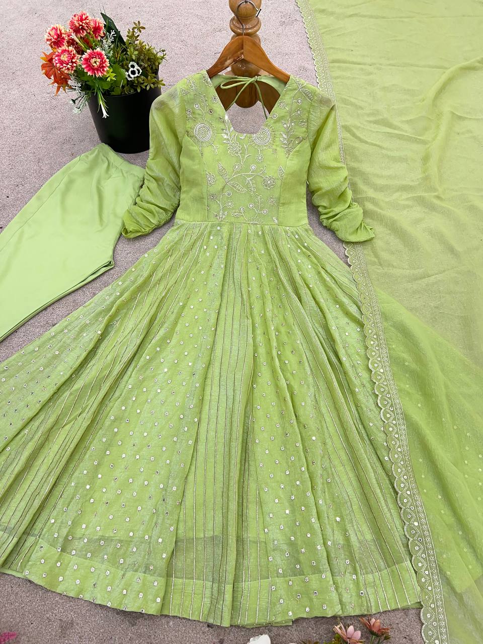 Prazu Fashion Lime Green Crunchy Silk Embroidered Sequence Anarkali Gown