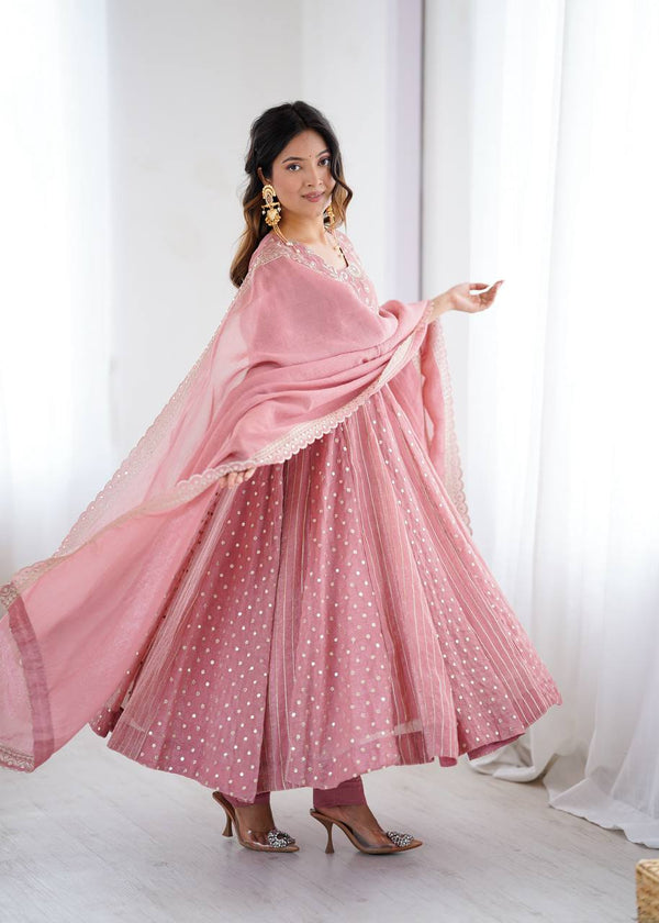 Prazu Fashion Onion Pink Crunchy Silk Embroidered Sequence Anarkali Gown