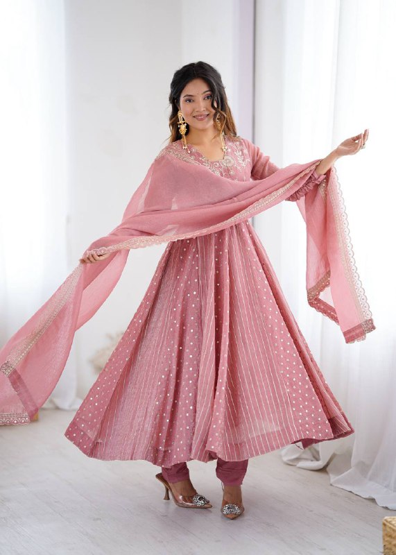 Prazu Fashion Onion Pink Crunchy Silk Embroidered Sequence Anarkali Gown