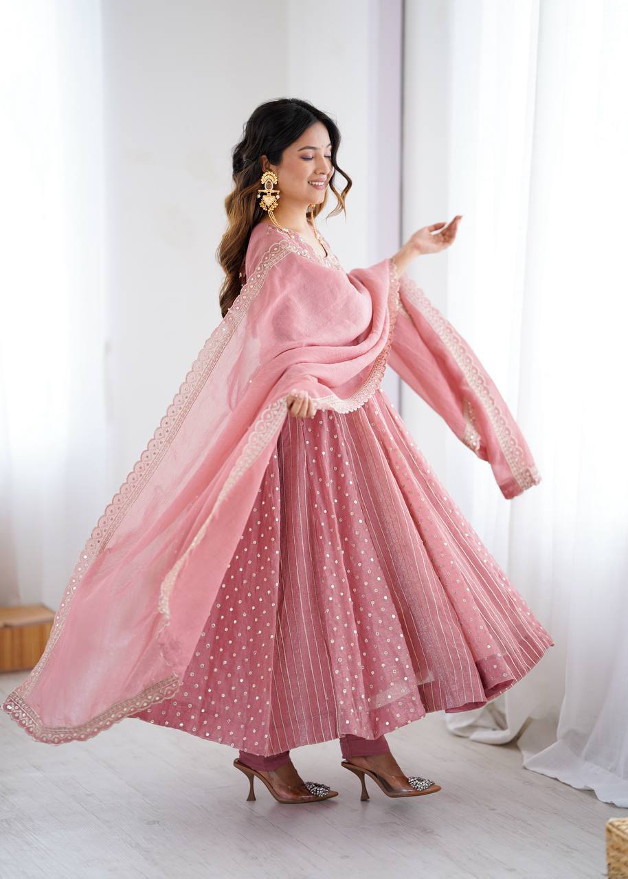 Prazu Fashion Onion Pink Crunchy Silk Embroidered Sequence Anarkali Gown
