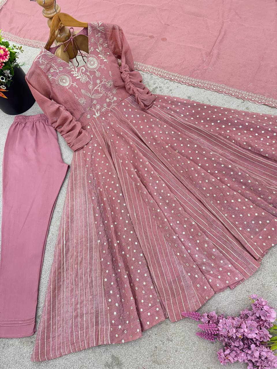 Prazu Fashion Onion Pink Crunchy Silk Embroidered Sequence Anarkali Gown
