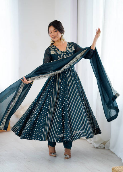 Prazu Fashion Rama Crunchy Silk Embroidered Sequence Anarkali Gown