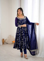 Thumbnail for Prazu Fashion Blue Georgette Embroidered Designer Anarkali Gown