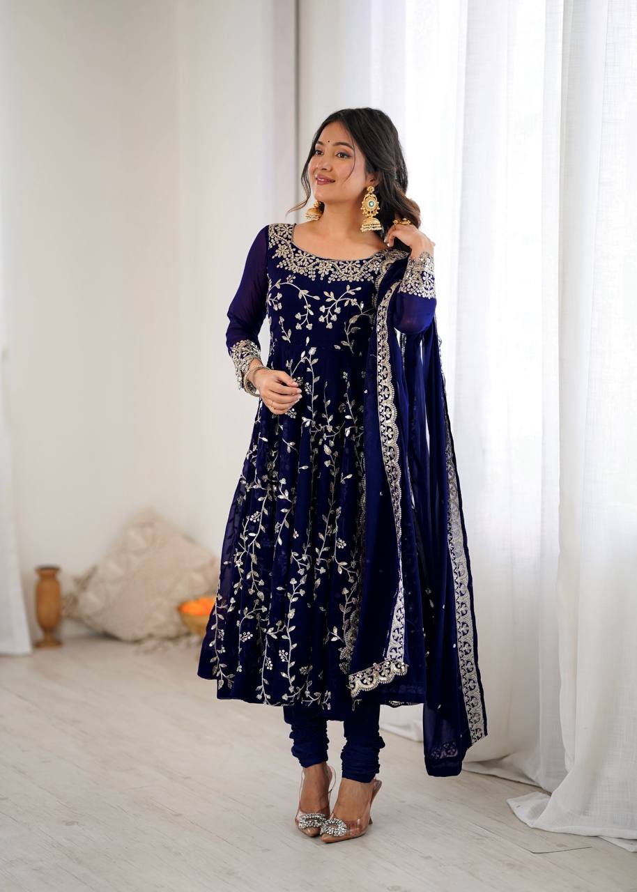 Prazu Fashion Blue Georgette Embroidered Designer Anarkali Gown