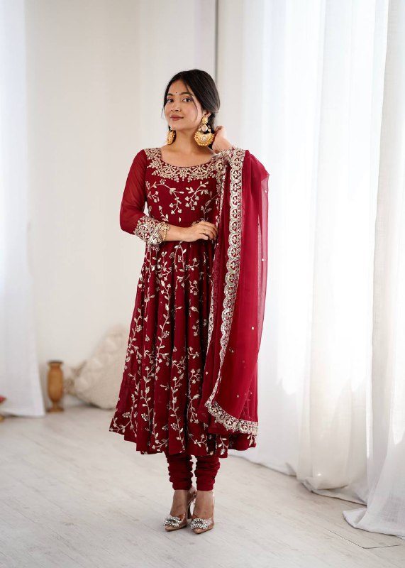 Prazu Fashion Maroon Georgette Embroidered Designer Anarkali Gown