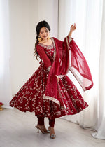 Thumbnail for Prazu Fashion Maroon Georgette Embroidered Designer Anarkali Gown