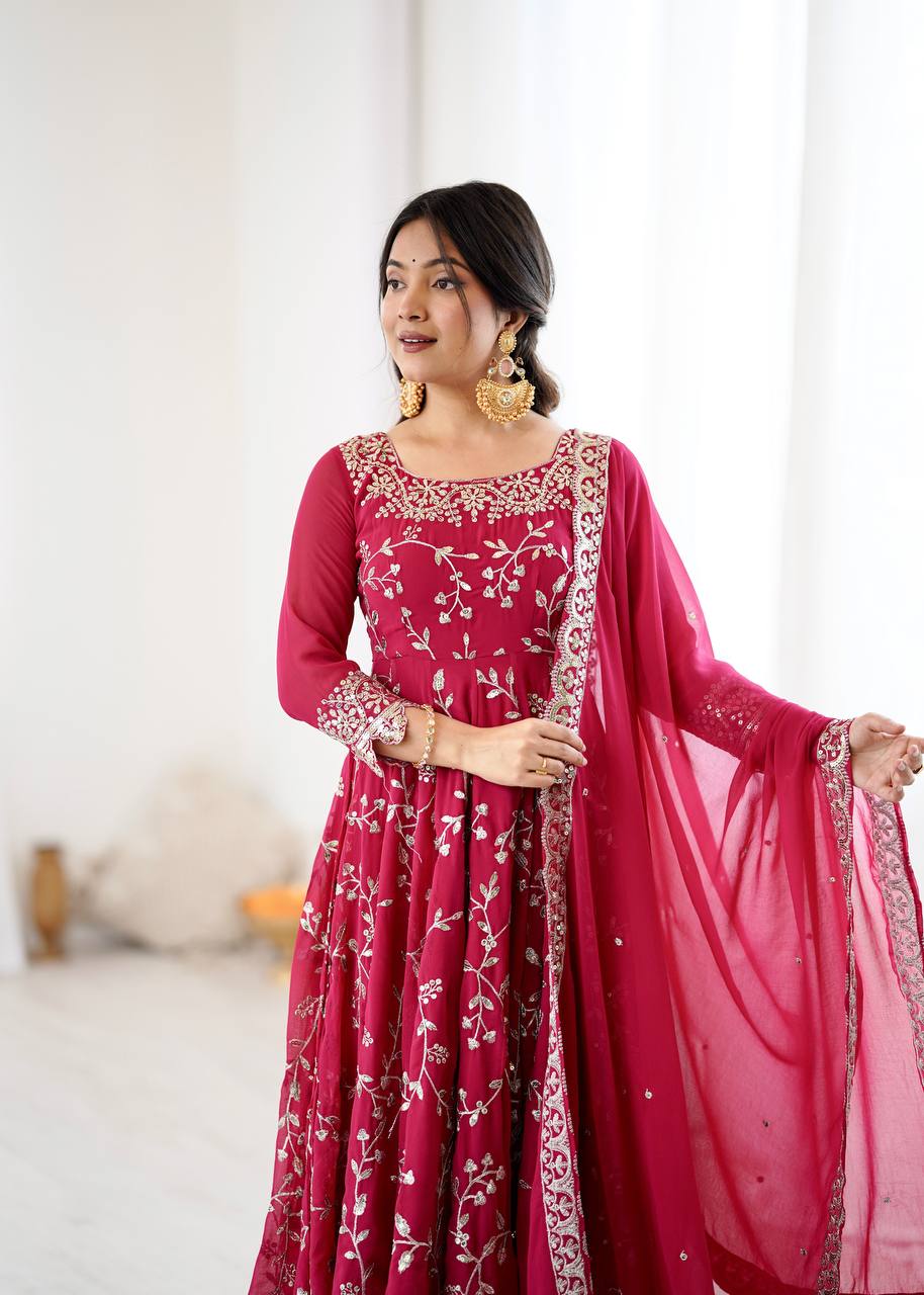 Prazu Fashion Pink Georgette Embroidered Designer Anarkali Gown
