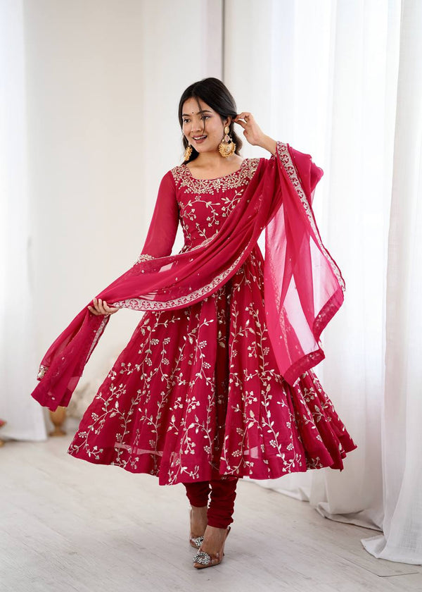 Prazu Fashion Pink Georgette Embroidered Designer Anarkali Gown