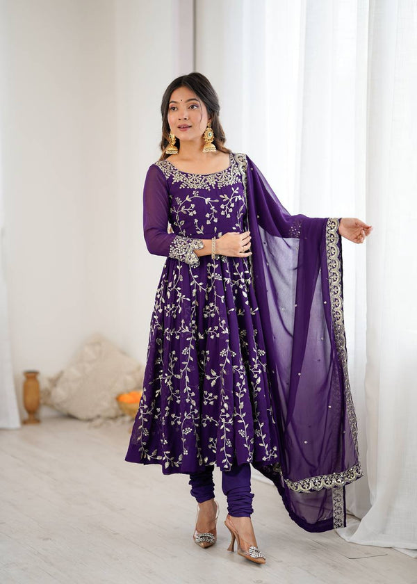 Prazu Fashion Violet Georgette Embroidered Designer Anarkali Gown