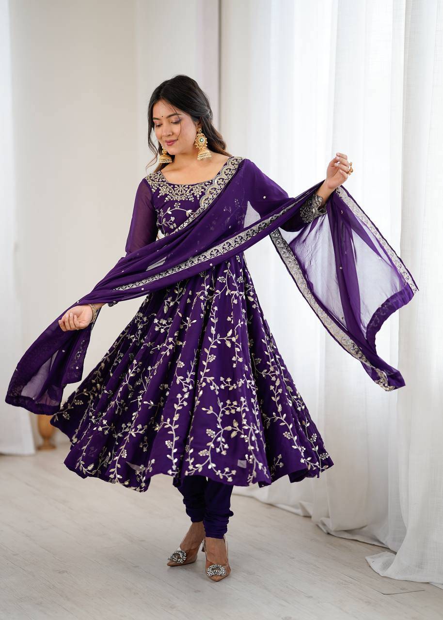 Prazu Fashion Violet Georgette Embroidered Designer Anarkali Gown