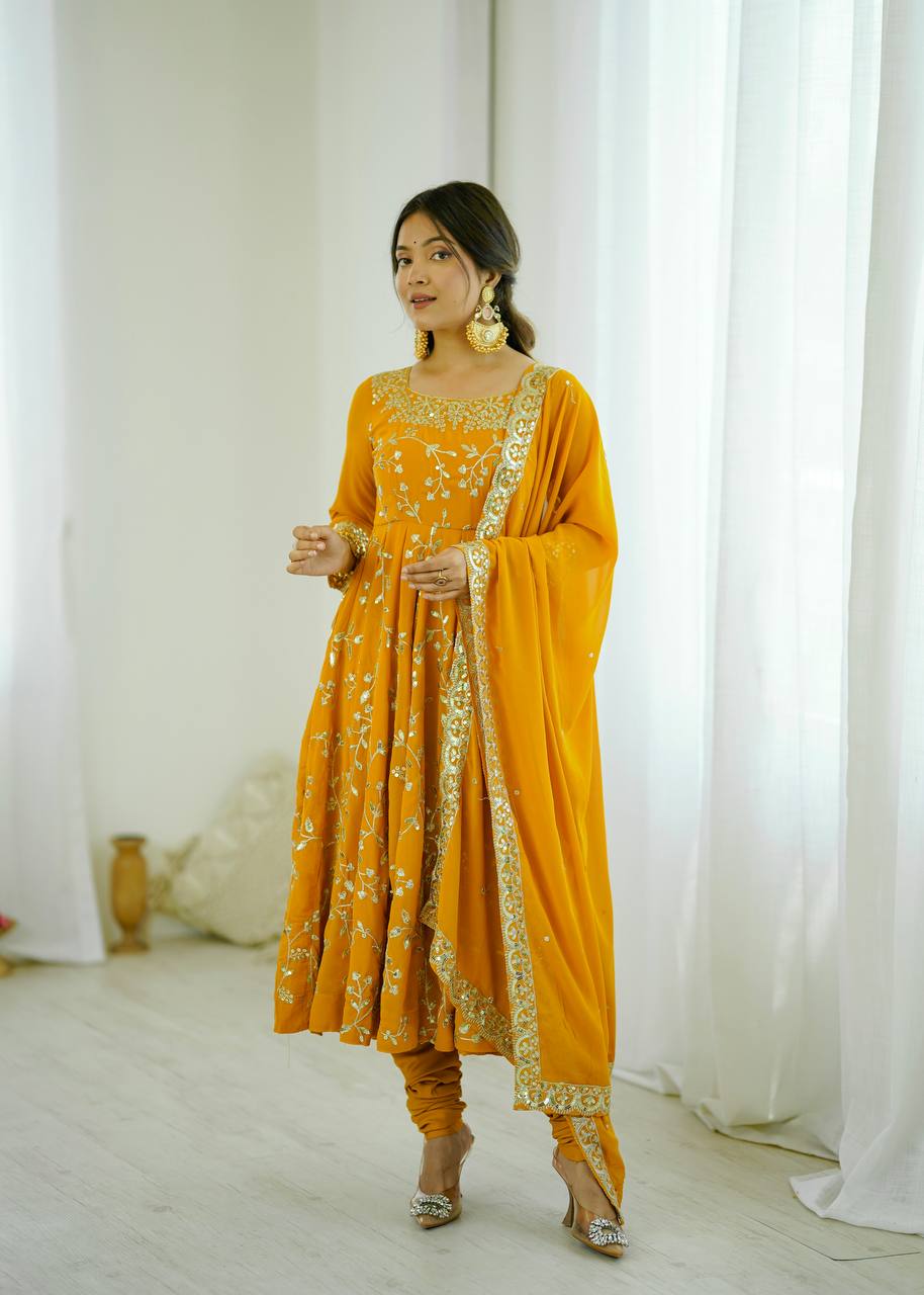 Prazu Fashion Yellow Georgette Embroidered Designer Anarkali Gown
