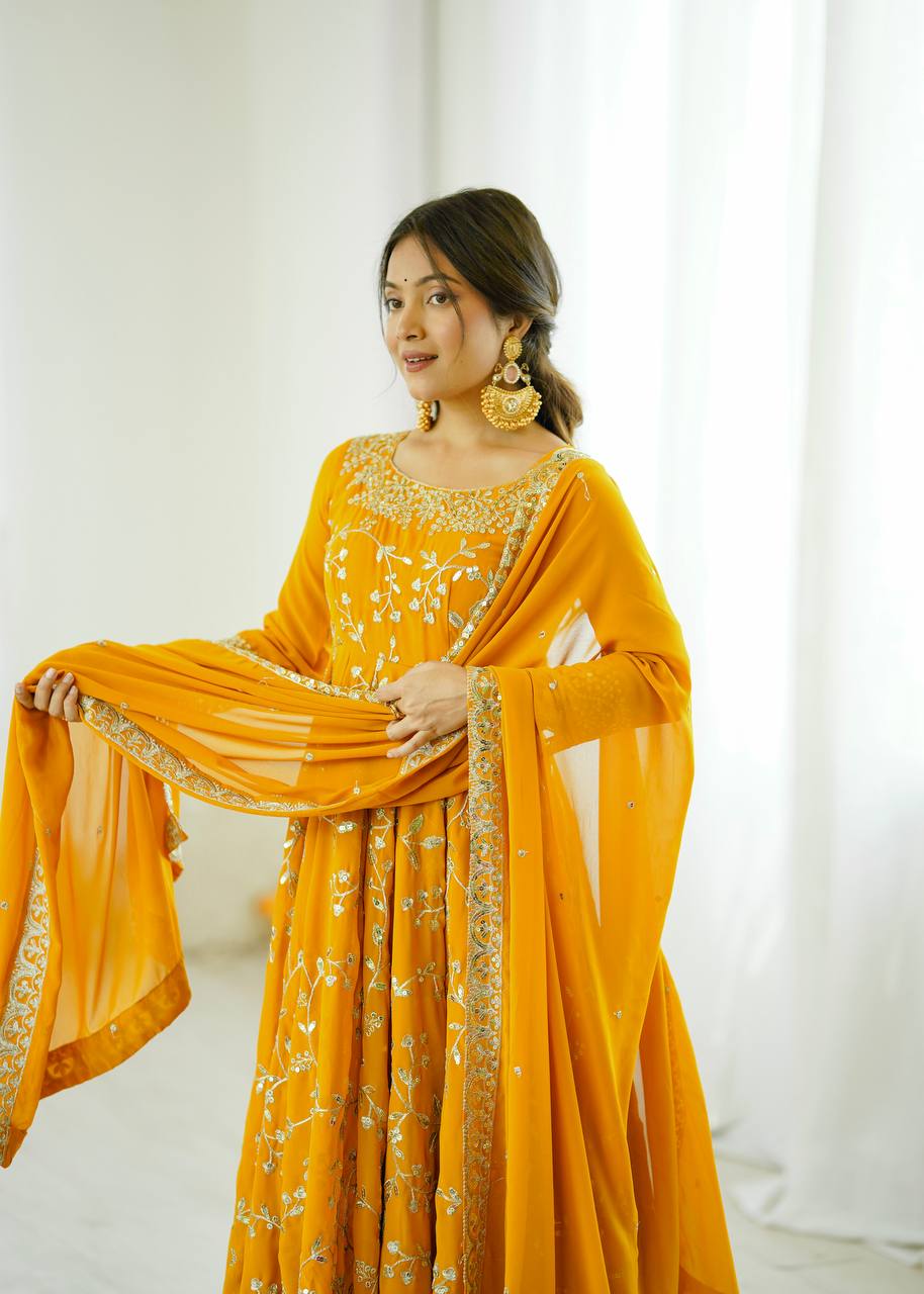 Prazu Fashion Yellow Georgette Embroidered Designer Anarkali Gown