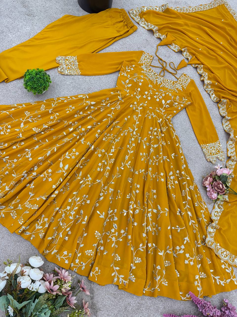 Prazu Fashion Yellow Georgette Embroidered Designer Anarkali Gown