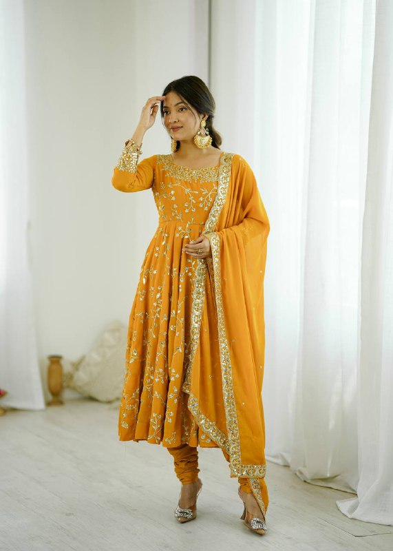 Prazu Fashion Yellow Georgette Embroidered Designer Anarkali Gown