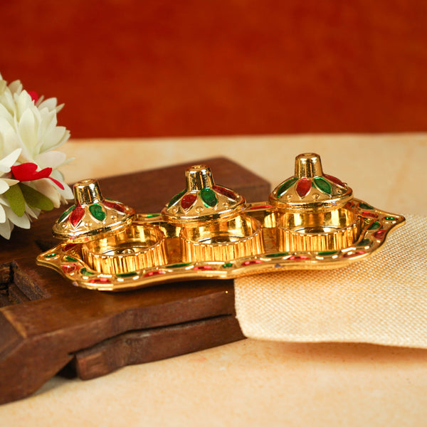 Sri Rudra Fiber Gold Kumkum Haldi Chandan Tray (SR 01962) - Distacart