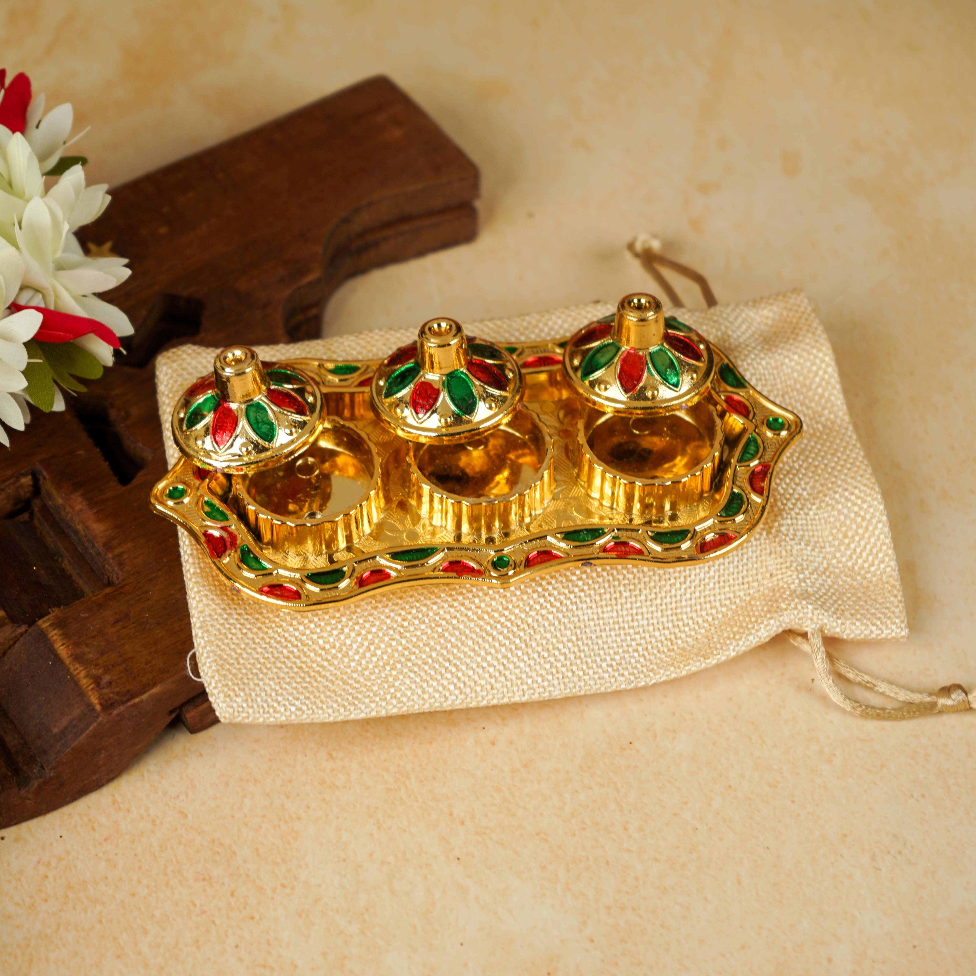 Sri Rudra Fiber Gold Kumkum Haldi Chandan Tray (SR 01962) - Distacart