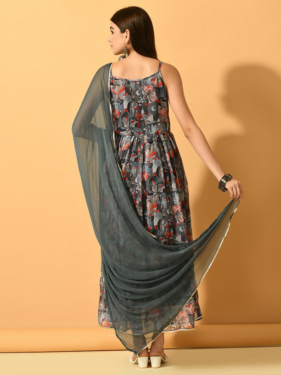 Myshka Women's Grey Festive Flared Anarkali Kurta With Dupatta sets - Distacart