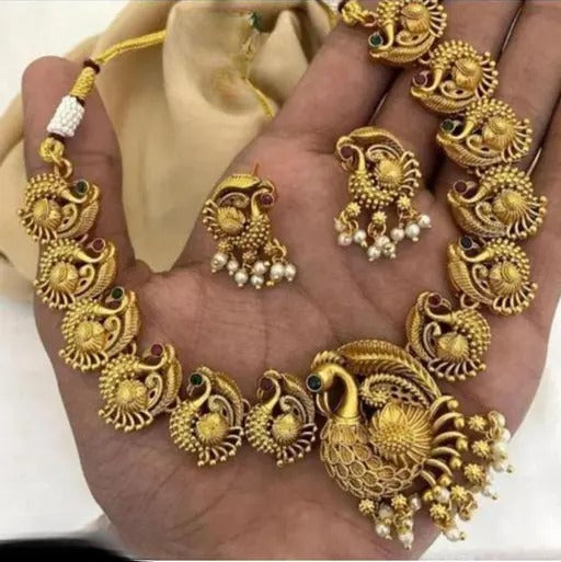 Jewel City Exquisite Gold Peacock Necklace Set with Pearl Accents