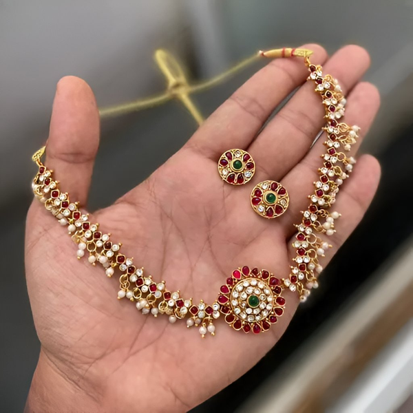 Jewel City Traditional Kundan & Pearl Choker Necklace Set – Ruby & Emerald Accents