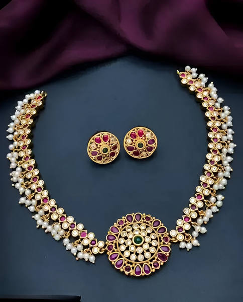 Jewel City Traditional Kundan & Pearl Choker Necklace Set – Ruby & Emerald Accents
