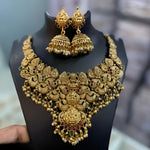 Thumbnail for Jewel City Bridal Temple Jewelry Set – Gold-Plated Goddess Lakshmi Necklace with Jhumkas