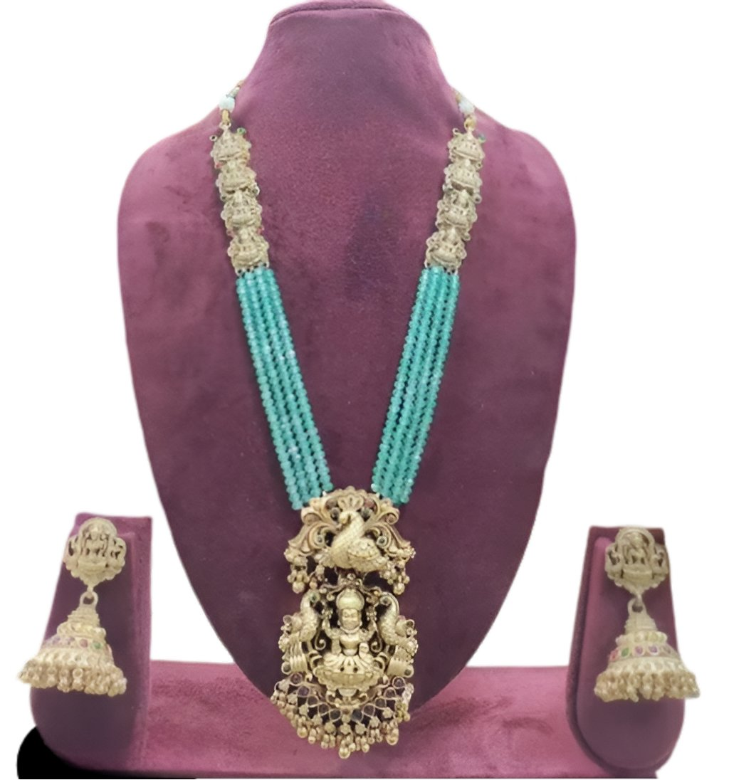 Jewel City Gold-Plated Temple Jewelry Set with Green Beads – Lakshmi & Peacock Design