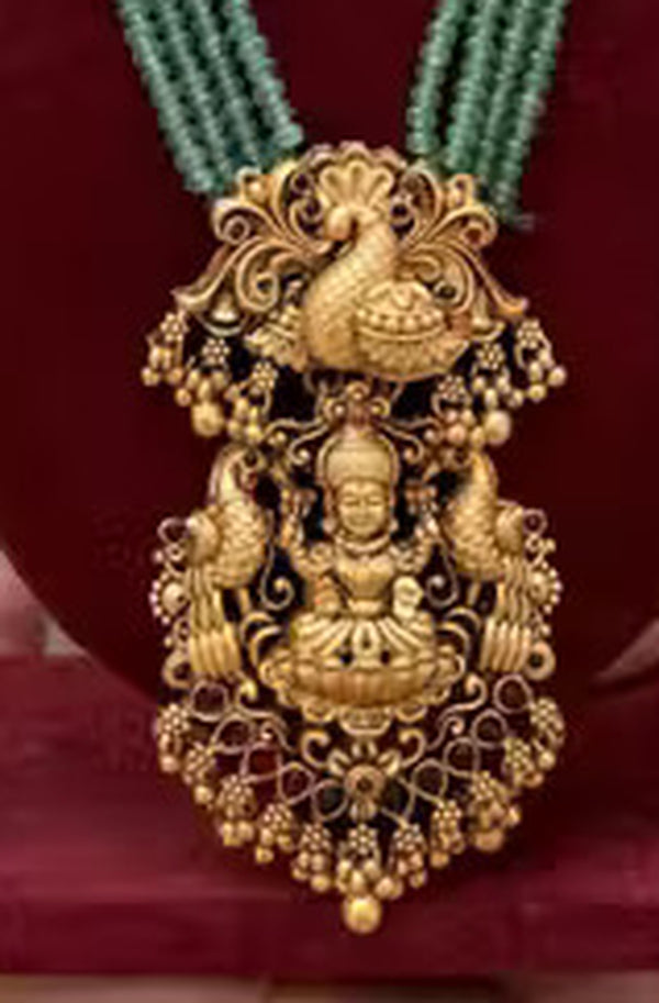 Jewel City Traditional Multi-Strand Green Temple Lakshmi Pendant Necklace Set Antique Gold-Plated South Indian Bridal Jewelry Set