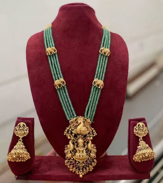 Jewel City Traditional Multi-Strand Green Temple Lakshmi Pendant Necklace Set Antique Gold-Plated South Indian Bridal Jewelry Set