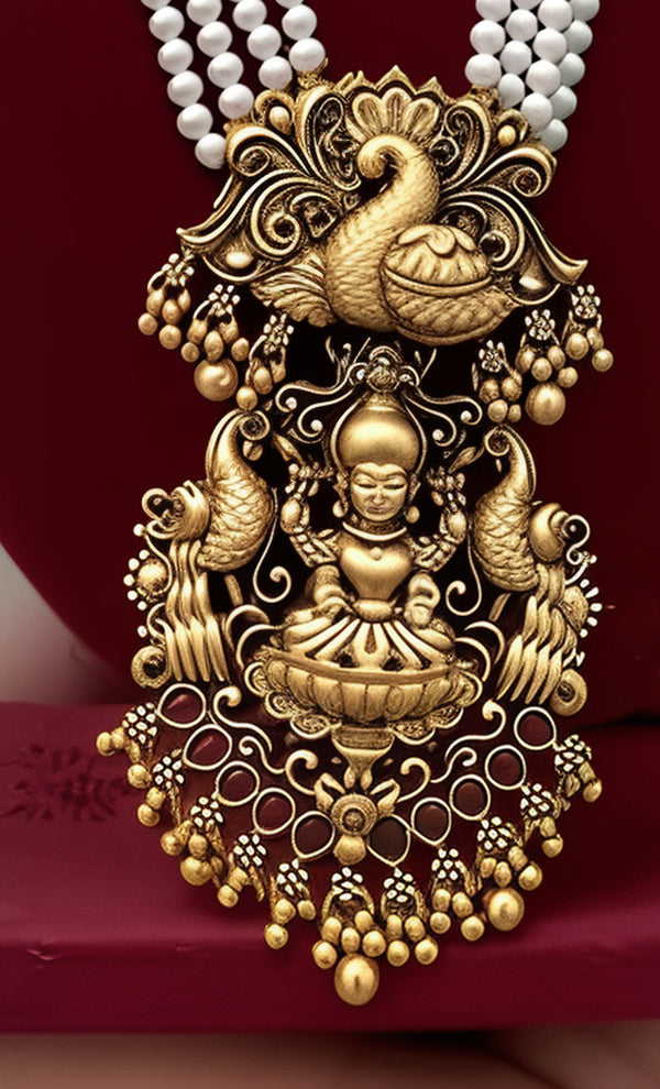 Jewel City Traditional Multi-Strand White Temple Lakshmi Pendant Necklace Set Antique Gold-Plated South Indian Bridal Jewelry Set
