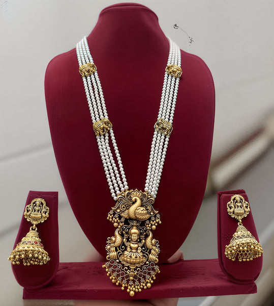 Jewel City Traditional Multi-Strand White Temple Lakshmi Pendant Necklace Set Antique Gold-Plated South Indian Bridal Jewelry Set