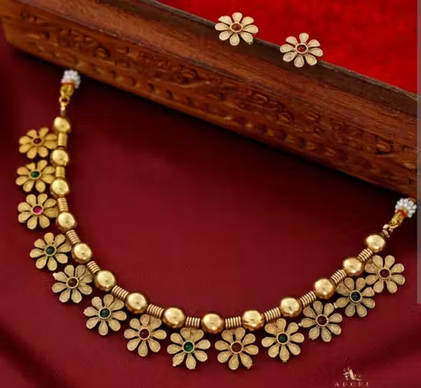 Jewel City Handcrafted Gold-Plated Floral Choker Necklace Set with Red & Green Stones – Ethnic Bridal Jewelry Set