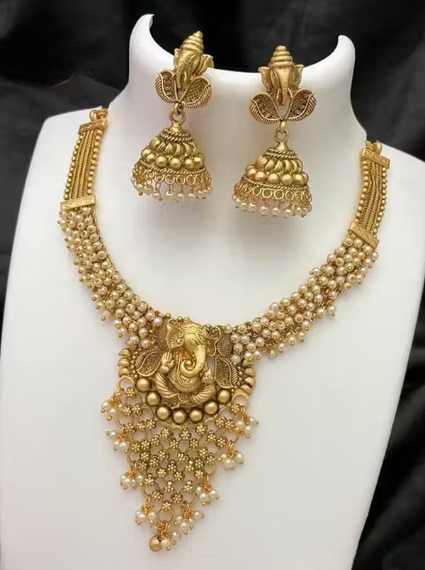 Jewel City Traditional Antique Gold-Plated Temple Necklace Set with Ganesha Pendant & Jhumka Earrings Ethnic South Indian Bridal Jewelry for Women