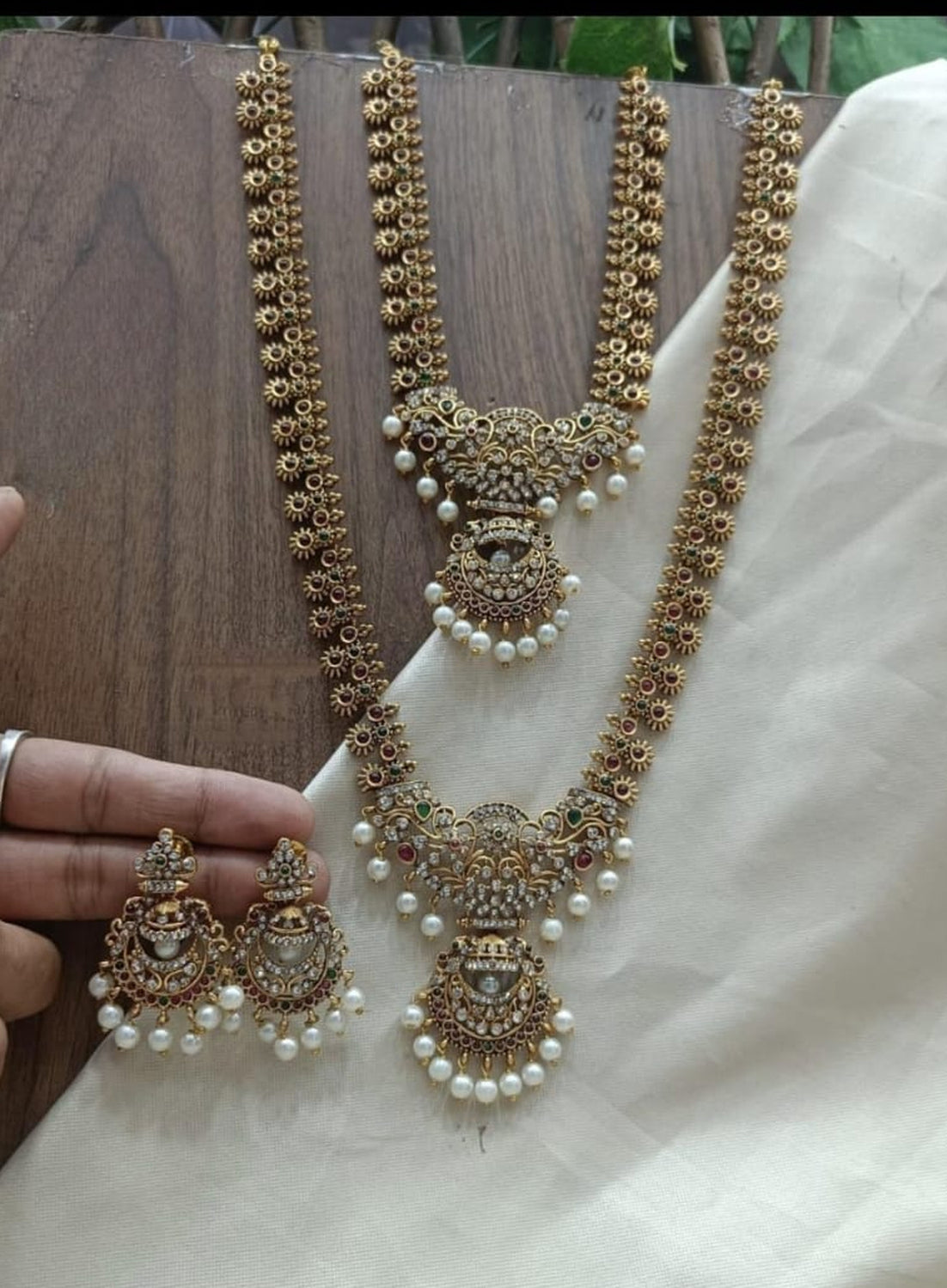 Jewel City Antique Temple Design Bridal Necklace Set with Chandbali Earrings - Pearl Embellished Gold-Plated Traditional Jewelry